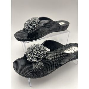 Ella Nicki Black Sandals Comfort Slider Flower Diamante Low Wedge Beach Casual 8